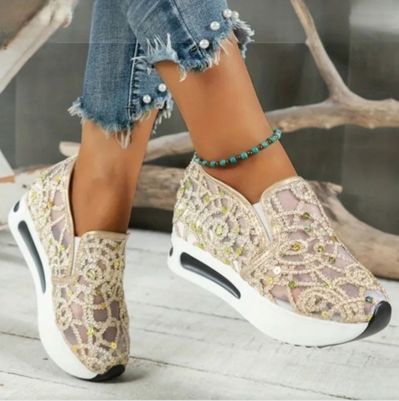 Women's Glitter Sequins Decor Sneakers Breathable Mesh Inner Wedge Heele… - Picture 3 of 3